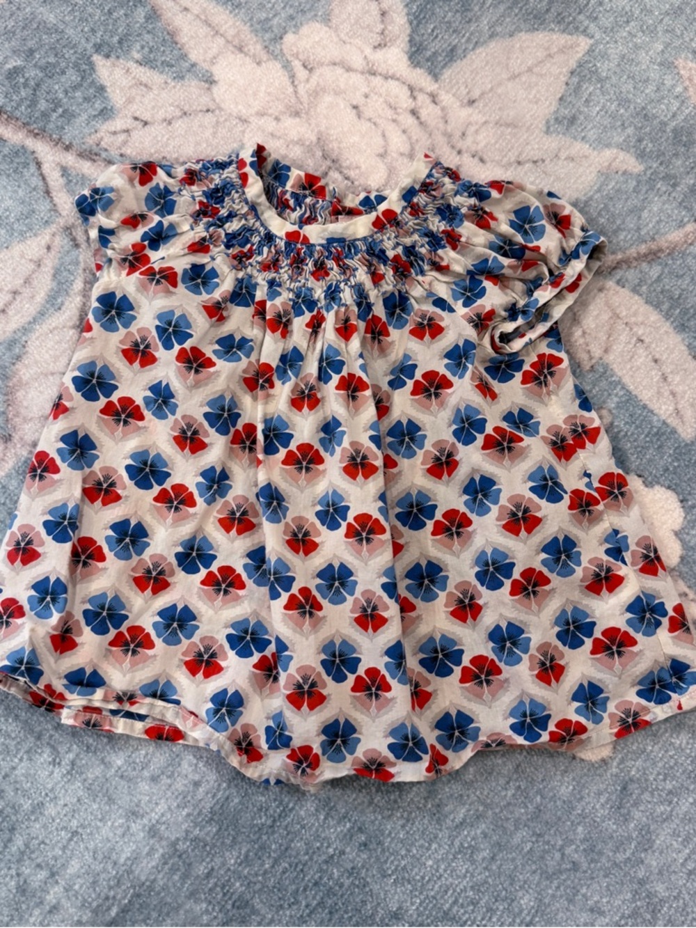 Bonpoint White Top with Red & Blue Floral Print